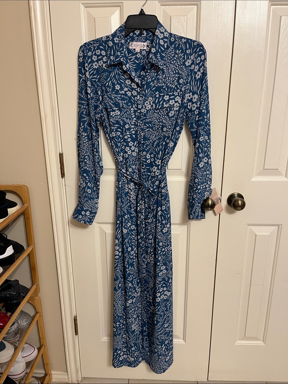 Nanette Lepore Blue Floral Maxi Shirt Dress with Tie Waist